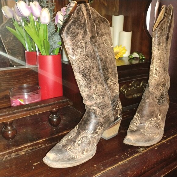 Circle G Dragonfly Embroidered Cowgirl Western Cowboy Boots Lace Brown - Picture 7 of 12